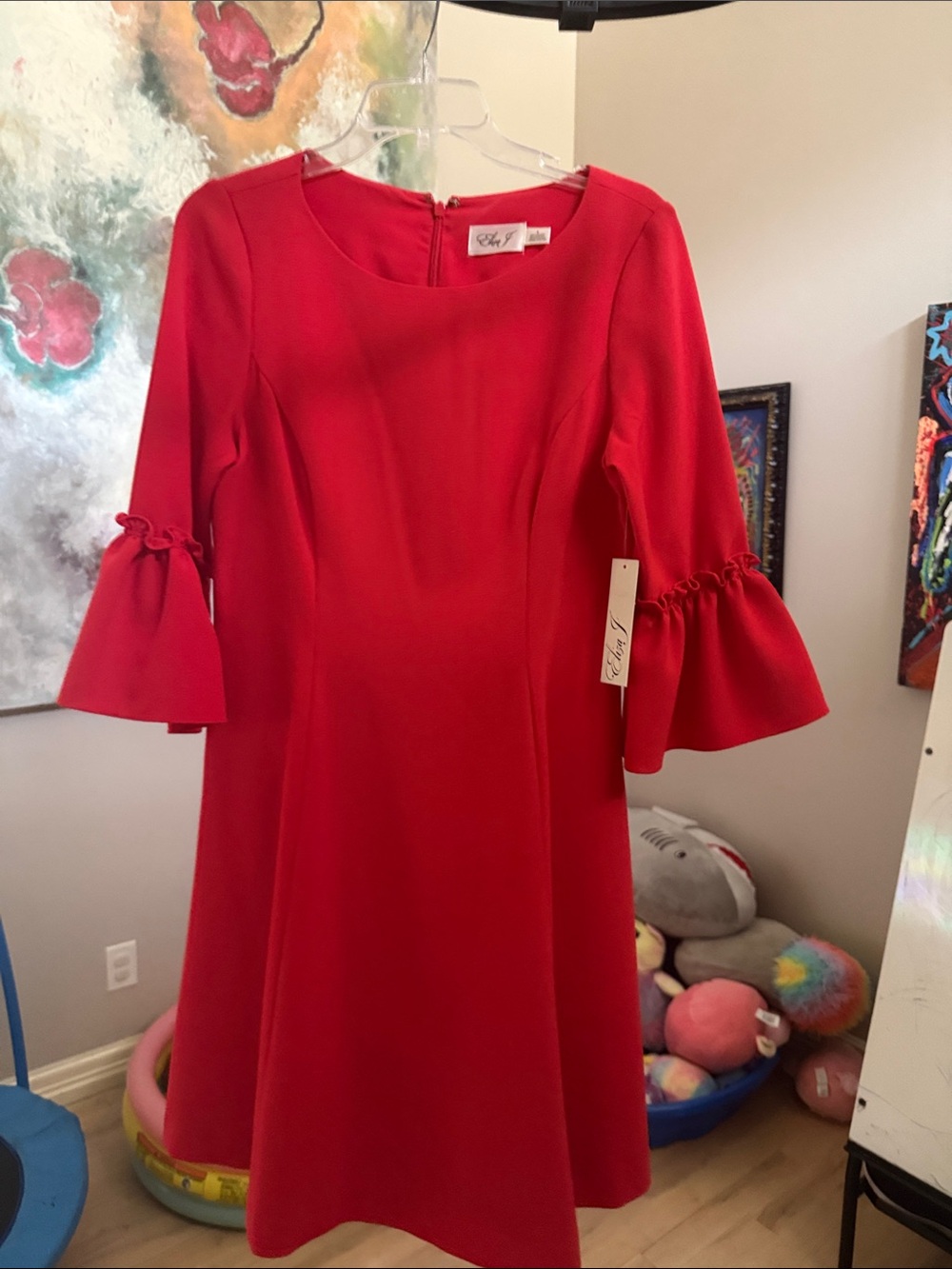 Eliza J Red Midi Dress with Ruffled Bell Sleeves